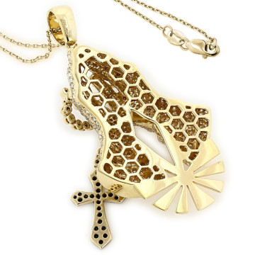 Men's and Women's Diamond Praying Hands Rosary Cross Pendant | 14K Gold | 6.29ct