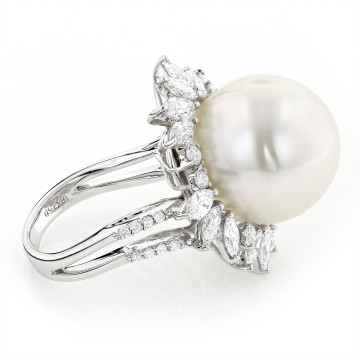 18K Gold Pearl Diamond Cocktail Ring for Women | 2.92ct | Pave Prong Set