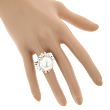 18K Gold Pearl Diamond Cocktail Ring for Women | 2.92ct | Pave Prong Set