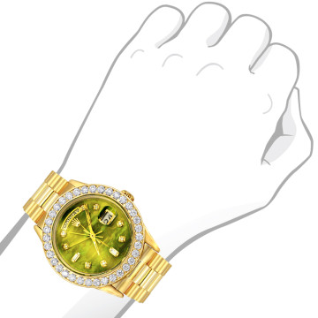 Men's 18K Gold Diamond Watch | Rolex Day-Date 36 mm | Stick | Green Dial