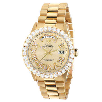 18K Gold Women's Rolex Watch | Day-Date | 36 mm | President Bracelet | Diamond Bezel | Champagne Dial