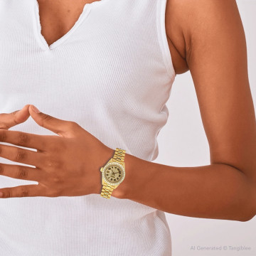 18K Gold Women's Rolex Watch | Datejust | 26 mm | President Bracelet | Diamond Bezel | Yellow Dial