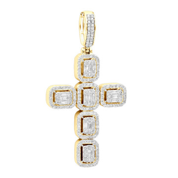 Men's Baguette and Round Cut Diamond Cross Pendant | 14K Gold | 2.3ct