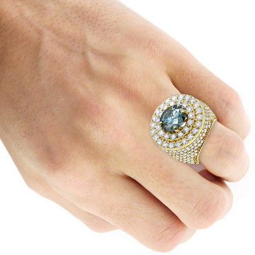 Men's 14K Gold Blue Diamond Signet Ring | Pave Prong Set | 11ct