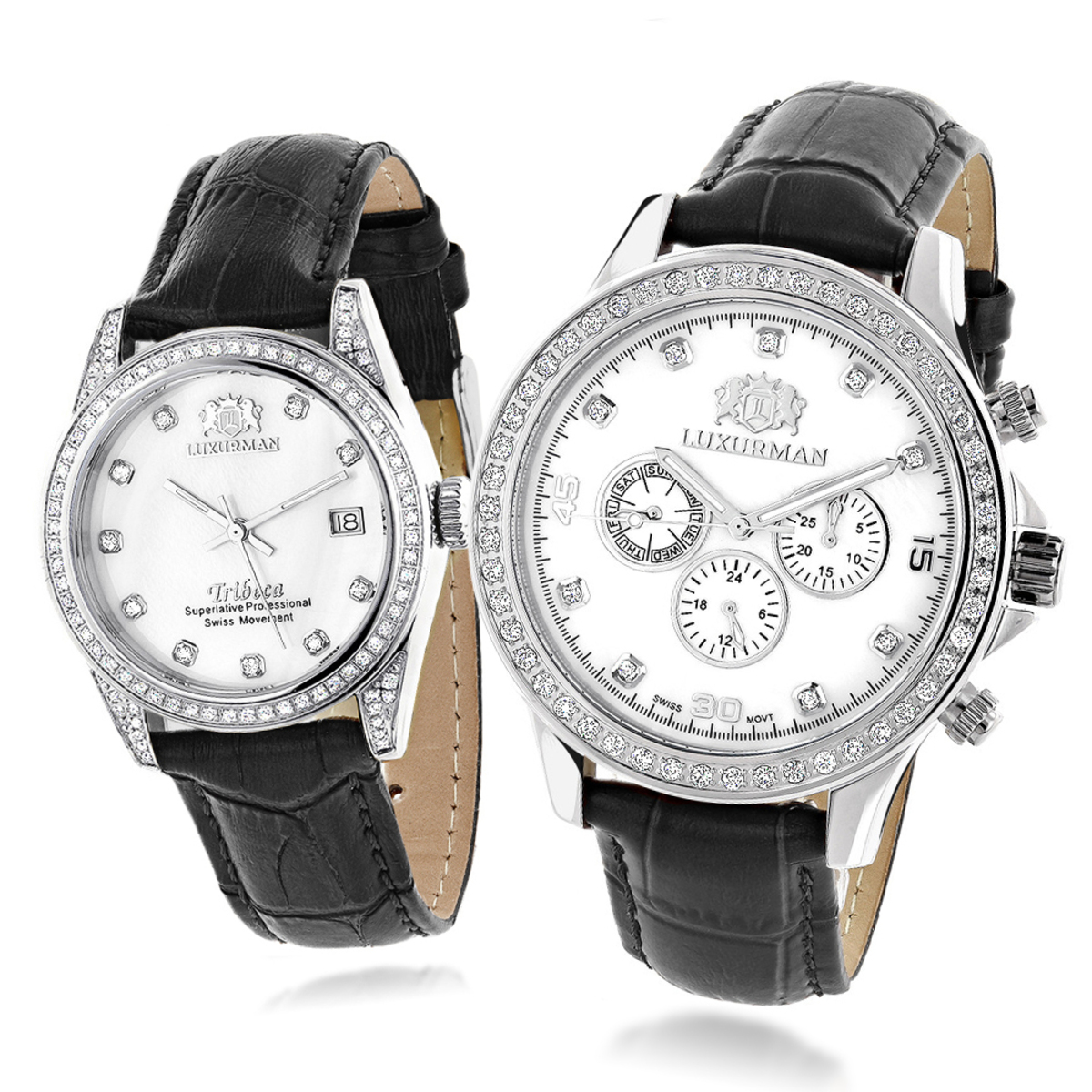 Men’s and Women’s Stainless Steel Diamond Watch | Luxurman 44 mm | White Dial