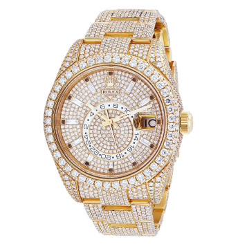 Men's Iced Out Diamond Watch | 18k Gold Rolex Sky Dweller 42mm Oyster Bracelet