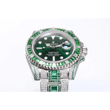 Stainless Steel Men's Rolex Watch | Submariner | 40 mm | Oyster Bracelet | Diamond Emerald Bezel | Green Dial
