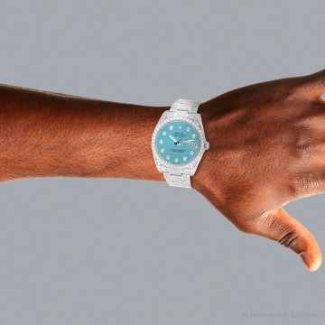 Men's Stainless Steel Iced-Out Diamond Watch | Rolex Datejust 41 mm Turquoise Dial