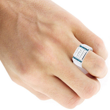 Men's 18K Gold Baguette and Princess Cut Blue Diamond Ring | Channel Set | 2ct