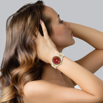 Gold/Stainless Steel Women's Rolex Watch | Oyster Perpetual Datejust | 34 mm | Oyster Bracelet | Diamond Bezel | Dark Red Dial