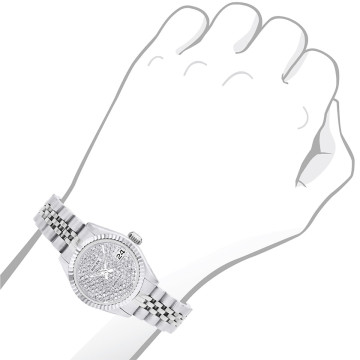 Women's Stainless Steel Bust Down Watch | Rolex Datejust 26 mm Silver Tone Dial